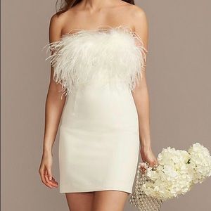 Bardot Strapless Crepe Feather Trim Mini Dress